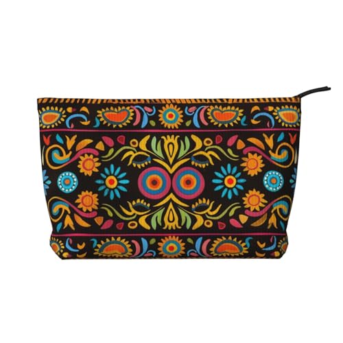 Kosmetiktasche aus Kord, mexikanische Volkskunst, Boho-Druck, für Damen, niedliche Make-up-Tasche, Reise-Kosmetiktasche mit Handgelenk, Schwarz , Einheitsgröße, Kosmetiktasche von WPUTY