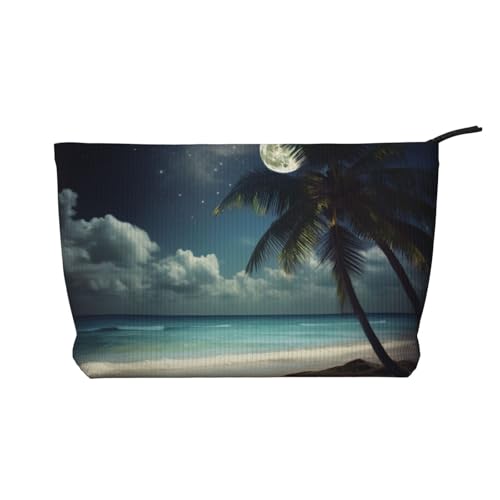 Make-up-Tasche aus Kord, Motiv: tropische Strandpalme mit Vollmond bedruckt, für Damen, niedliche Make-up-Tasche, Reise-Kosmetiktasche mit Armband, Schwarz , Einheitsgröße, Kosmetiktasche von WPUTY