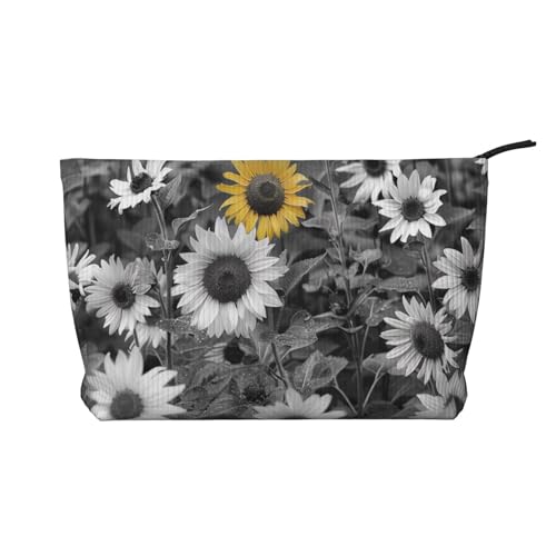 Schwarze und weiße Kosmetiktasche aus Cord mit Sonnenblumen-Motiv, für Damen, niedliche Make-up-Tasche, Reise-Kosmetiktasche mit Handgelenk, Schwarz , Einheitsgröße, Kosmetiktasche von WPUTY