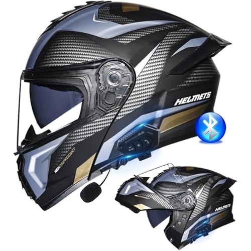 Bluetooth-Motorradhelm, ECE-geprüfter Modularer Klapphelm Motorradfahrer Mit Doppelvisier, Integralhelme, Integrierte Bluetooth-Kopfhörer for Automatische Anrufannahme(10,M=57~58CM) von WPXXXW