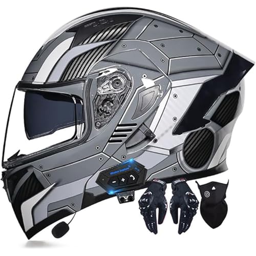 Bluetooth-integrierter Klapphelm for Motorradfahrer, DOT-geprüfter Rennhelm Mit Antibeschlag-Doppelvisier for Erwachsene, Männer Und Frauen(E,XXL=63-64CM) von WPXXXW