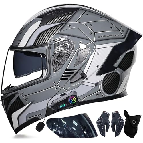 Modularer Motorrad-Bluetooth-Helm, Hochklappbarer Integrierter Motorradhelm for Männer Und Frauen, DOT/ECE-geprüft Mit Doppelvisier, Eingebauter Lautsprecher(15,XXL=63~64CM) von WPXXXW