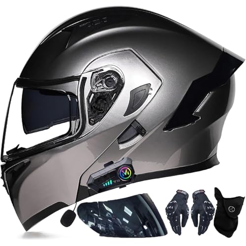 Motorradhelm for Damen Und Herren, Integrierter Bluetooth-Klapphelm, ECE-zugelassener Modularer Doppelvisierhelm, Geräuschunterdrückung Mit Lautsprecher Und Mikrofon(12,XXL=63~64CM) von WPXXXW