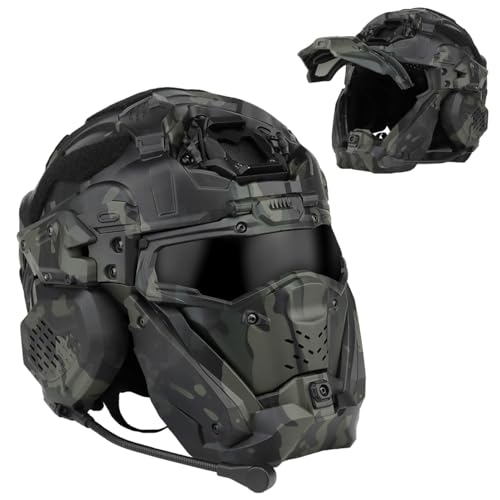 WQZXM Taktischer Integralhelm Airsoft Fast-Helm Eingebautes Kommunikations-Headset Antibeschlag-Lüfter Abnehmbare Maske Ersatzlinse(BCP) von WQZXM
