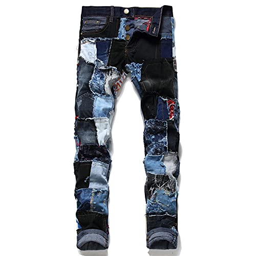 WQZYY&ASDCD Jeans Pantalon Bunte Jeans Herren Denim Pant Patch Jeans Slim Fit Mode Jeans Fashion Show Jeans Denim Herren 33 Schwarz von WQZYY&ASDCD