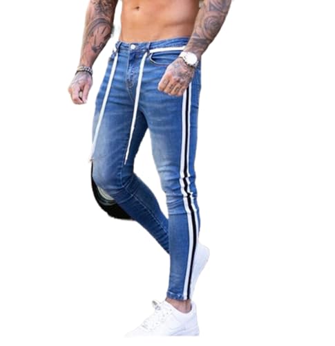 WQZYY&ASDCD Jeans Pantalon Herren Skinny Jeans Biker Destroyed Fit Denim Ripped Side Stripe Pencil Pants Hip Hop Streetwear Jeans M Blau von WQZYY&ASDCD