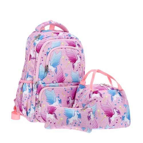 WRITWAA 3 Sätze 3-TLG dreiteilige Schultasche Cartoon-Rucksack Büchertasche für Mädchen Rucksäcke für Mädchen Kinderrucksack Schulranzen Set schultaschen-Sets Studententasche Mäppchen Rosa von WRITWAA