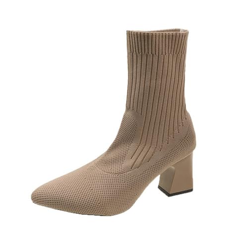 WRTYBHKOLUS Damen High-Heel-Stiefel mit Spitzer Spitze, Stretch-Strickschuhe, Warm, für die Arbeit, Hochzeitsfeier,White,35 von WRTYBHKOLUS