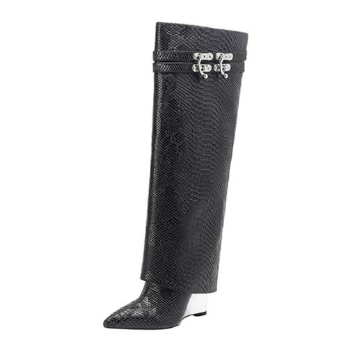 WRTYBHKOLUS Damen Kniehohe Stiefel Keil Ladies Boots PU-Material Schuhe Zweireihig Spitze Geeignet für Street Fashion,A,41 von WRTYBHKOLUS