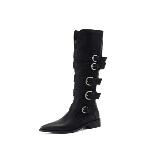 WRTYBHKOLUS Damen Stiefel Ladies Blockabsatz Kniehohe Stiefel Spitzem Boots Mit Gürtelschnalle Seitlicher Reißverschluss Schuhe Geeignet für Modenschauen,A,42 von WRTYBHKOLUS