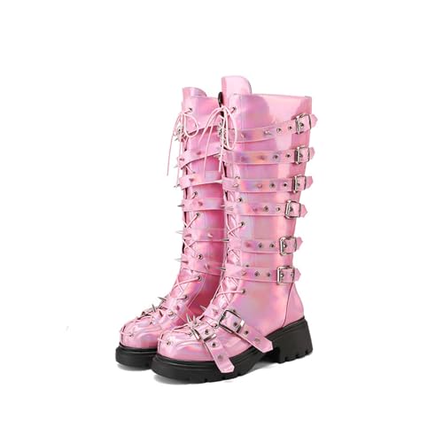 WRTYBHKOLUS Damen Stiefel Ladies Blockabsatz Stiefel Runder Kopf Boots Bunt Niet Schuhe Geeignet für Konzerte,C,37 von WRTYBHKOLUS