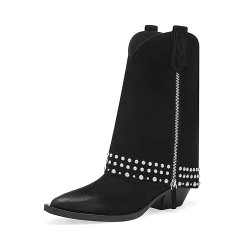 WRTYBHKOLUS Damen Stiefel Ladies Blockabsatz Stiefel Spitzem Boots mit Nieten Schuhe Geeignet für Formelle Abendessen Oder Partys,A,37 von WRTYBHKOLUS