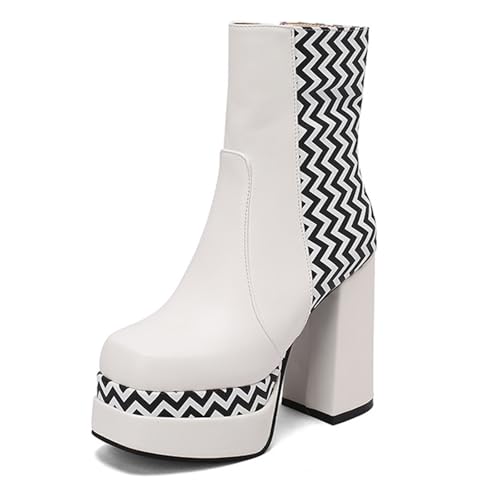 WRTYBHKOLUS Damen Stiefeletten mit hohem Absatz, quadratische Zehenpartie, klobiger Absatz, seitlicher Reißverschluss, Plateau-Pumps, Bequeme Gummisohle,White,38 von WRTYBHKOLUS