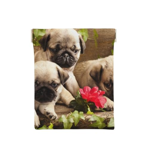 WSHFFILO Puppys Mops bedrucktes Leder-Münzbeutel Münztasche Münzorganizer, weiß, Einheitsgröße, Klassisch von WSHFFILO