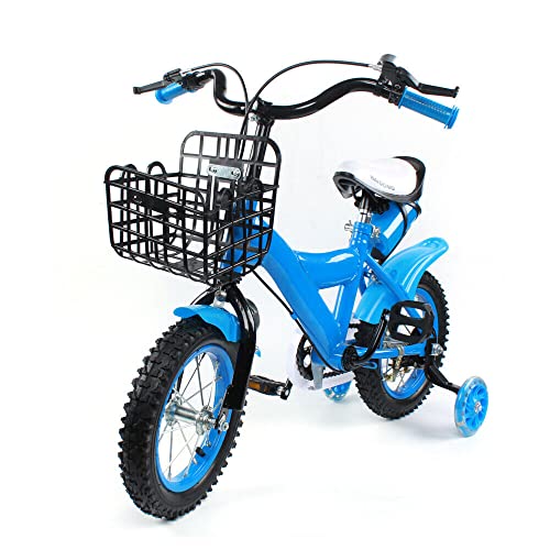 WSIKGHU 12 Zoll Kinderfahrrad für Jungen und Mädchen mit Zusatzrädern, Einsteigerfahrrad mit Doppelbremsen Vorne und Hinten und Gepolsterten Reifen, für Kinder von 2-5 Jahren, Höhe 75-110cm (Blau) von WSIKGHU