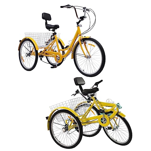 WSIKGHU 24 Zoll Dreirad für Erwachsene Faltbar Erwachsene Dreirad 7 Gang Dreirad Fahrräder aus Kohlenstoffstahl mit LED Licht und Korb 3 Räder Fahrrad für Erwachsene von 160-185CM, Max 140KG (Gelb) von WSIKGHU