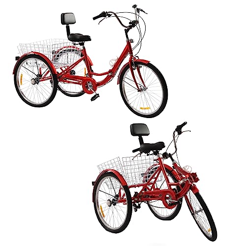WSIKGHU 24 Zoll Dreirad für Erwachsene Faltbar Erwachsene Dreirad 7 Gang Dreirad Fahrräder aus Kohlenstoffstahl mit LED Licht und Korb 3 Räder Fahrrad für Erwachsene von 160-185CM, Max 140KG (Rot) von WSIKGHU