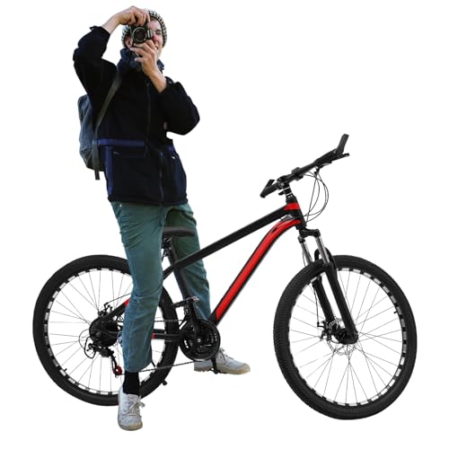 WSIKGHU 26 Zoll 21-Gang Mountainbike für Erwachsene, höhenverstellbares Mountainbike aus Karbonstahl mit Scheibenbremsen Vorne und Hinten-165-185CM,MAX110KG-Vormontiert 70% (Schwarz+Rot) von WSIKGHU