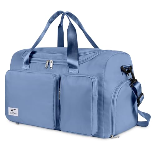 WT Faltbare Reisetasche Sporttasche, 35L Gepäcktasche Große Weekender Urlaubstasche Trainingstasche Handtasche Wasserdicht Sauna Gym Shopping Bag für Herren Damen mit Gepäckanhänger (Blau) von WT Wisdom Together