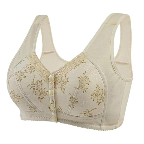 WUFANGBU Damen-BH Bra Damen BH Elastischer Vorderer Knopf Verschluss Plus Größe Blumen Spitze BH Druck Push-Up Täglich BH 40 Beige von WUFANGBU