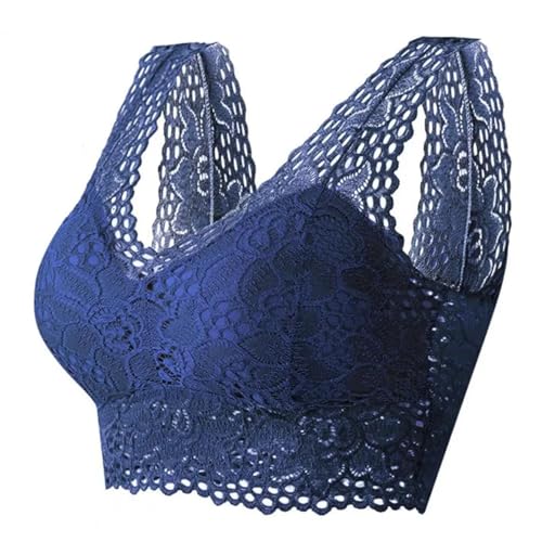 WUFANGBU Damen-BH Bra Damen-BH-Spitze-Blumen Stickerei Breiter Schulter Gurt Elastischer Leibchen Ausgehöhlt Mit V-Ausschnitt Damen Unterwäsche XL Blau von WUFANGBU