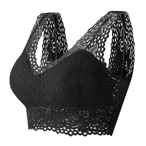 WUFANGBU Damen-BH Bra Frauen BH Spitze Blumen Stickerei Breite Schulter Gurt Elastische Leibchen Hollow Out Push Up V-Ausschnitt Lady Unterwäsche M Schwarz von WUFANGBU