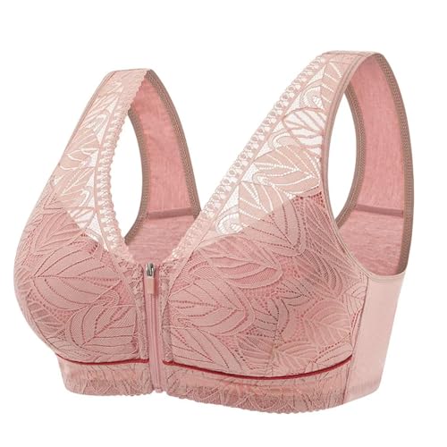 WUFANGBU Damen-BH Bra Front Reiß Verschluss Weicher Baumwoll-BH Atmungsaktiv Damen Spitzen Riemen Tanktop Plus-BH L-40 Rosa von WUFANGBU