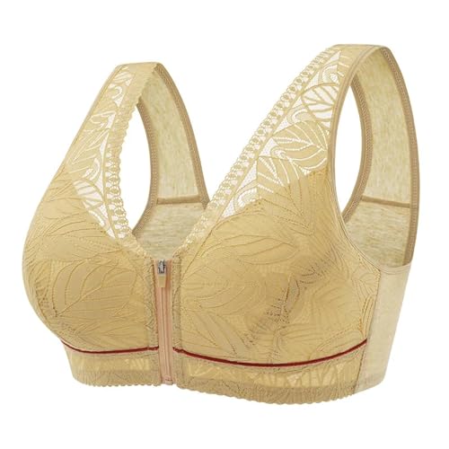 WUFANGBU Damen-BH Bra Front Reiß Verschluss Weicher Baumwoll-BH Atmungsaktiv Damen Spitzen Riemen Tanktop Plus Größe BH M-38 Beige von WUFANGBU