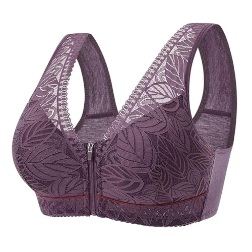 WUFANGBU Damen-BH Bra Front Reiß Verschluss Weicher Baumwoll-BH Atmungsaktiv Damen Spitzen Riemen Tanktop Plus-Größe-BH Xxl-44 Lila von WUFANGBU