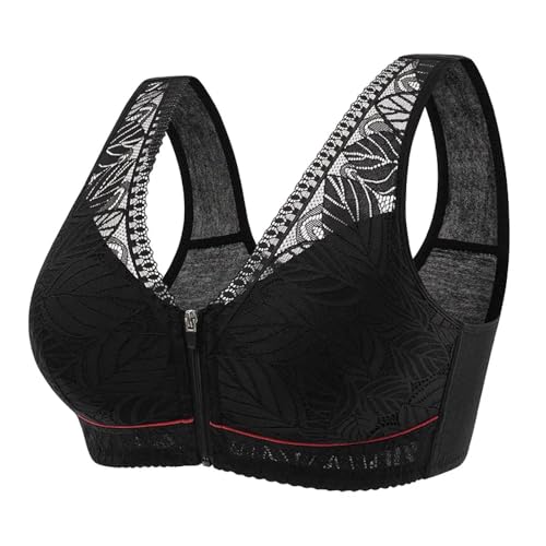 WUFANGBU Damen-BH Bra Front Reiß Verschluss Weicher Baumwoll-BH Atmungsaktiv Damen Unterwäsche Spitzen Gurt Plus-Größe-BH 5Xl-50 Schwarz von WUFANGBU