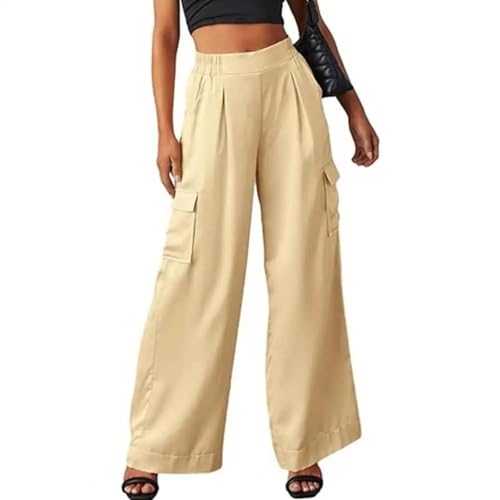 WUFANGBU Hose Damen Freizeit-Cargo-Hosen Mit Elastischer Taille Gerade Breit Mehrere Taschen Einfarbig Baggy-Hosen XL Aprikose von WUFANGBU