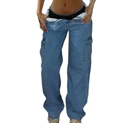 WUFANGBU Hose Damen Hose Mit Hoher Taille Weich Atmungsaktiv Mit Reiß Verschluss Streetwear Lange Hose M Blau von WUFANGBU