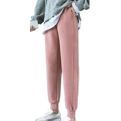 WUFANGBU Hose Damen Hose Mit Knöchel Bändern Elastische Taille Lange Hose Lose Plüsch Einfarbig Weich Warme Lässige Sport-Sweat Hose XL Pink von WUFANGBU