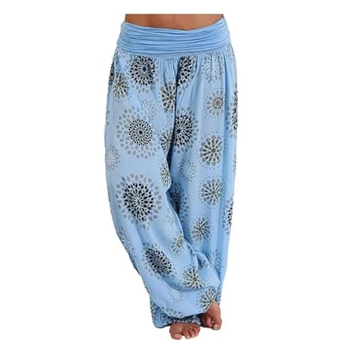 WUFANGBU Hose Damen Hose Retro Ethnic Print Elastische Mittlere Taille Locker Weich Lässig Weiches Breites Bein In Voller Länge Lange Hose 3XL Lightblue von WUFANGBU