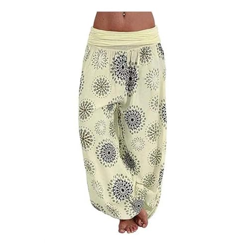 WUFANGBU Hose Damen Hose Retro Ethnic Print Elastische Mittlere Taille Locker Weich Lässig Weiches Breites Bein In Voller Länge Lange Hose XL-Gelb von WUFANGBU