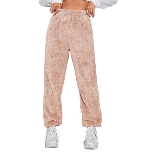 WUFANGBU Hose Damen Hosen Dick Warm Einfarbig Hohe Taille Lose Weiche Elastische Taille Lässig Jogging Hose Lange Hose XXL Pink von WUFANGBU