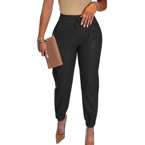 WUFANGBU Hose Damen Hosen Leder Hohe Taille Mit Hintern Angehoben Elastische Taille Kordel Zug Weiche Dame Knöchel Lange Lange Hose XL Schwarz von WUFANGBU