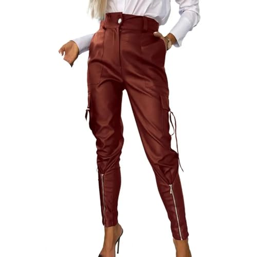 WUFANGBU Hose Damen Hosen Leder Reiß Verschluss Dekor Slim Fit Hohe Taille Reiß Verschluss Knopf Verschluss Einfarbig Bleistift Hose Lange Hose L Rot von WUFANGBU