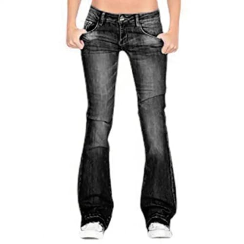 WUFANGBU Hose Damen Jeans Mit Mittlerer Taille Taschen Reiß Verschluss Knopf Verschluss Dehnbar Farbverlauf Retro Flared Sem Slim Fit Lange Hose In Voller Länge L Schwarz von WUFANGBU