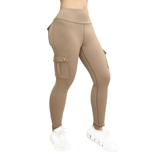 WUFANGBU Hose Damen Sport Hosen Yoga Hosen Mit Hoher Taille Elastisch Schnell Trocknend Weich Einfarbig Einfarbig Damen-Jogging Hose L Khaki von WUFANGBU