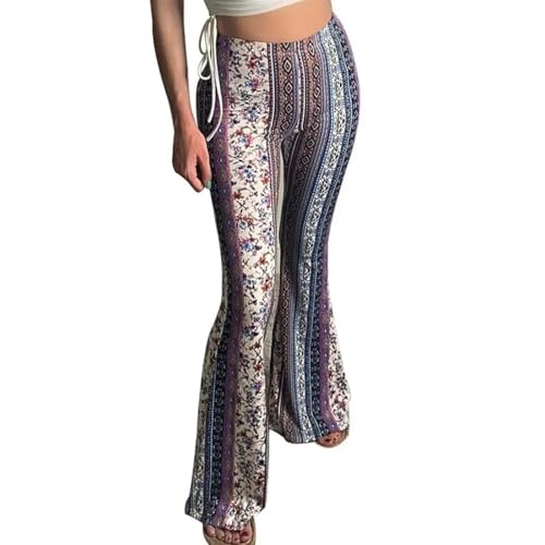 WUFANGBU Hose Frauen Hosen Böhmische Bunte Blumen Druck Flare Saum Elastisch Schlank Fit Hohe Taille Weich Atmungsaktiv In Voller Länge Lange Hose S Blau von WUFANGBU