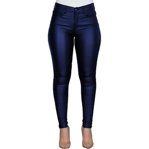 WUFANGBU Leggings Damen Hose Frauen Pu-Lederhose Mit Hoher Taille Skinny Push-Up-Leggings Elastische Hosen Streetwear 3XL Blau von WUFANGBU