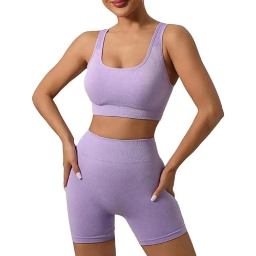 WUFANGBU Leggings Damen Hose Frauen Sport Anzug Yoga Outfit U-Ausschnitt Sport BH Hohe Taille Leggings Set Für Frauen 2 Stück Übung Set Top Shorts Yoga BH M Lila von WUFANGBU