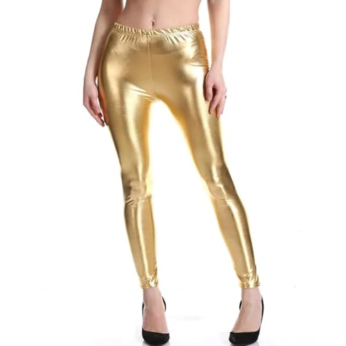 WUFANGBU Leggings Damen Hose Mode Helle Lederhose Hohe Elastische Einfarbige Leggings Einheits Größe Gold von WUFANGBU