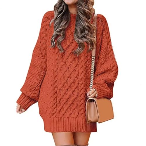 WUFANGBU Pullover Sweatshirts Beliebte Frauen Pullover Kleid Mit Rundhals Halten Warm Frauen O-Ausschnitt Twist Strick Pullover S Orange von WUFANGBU