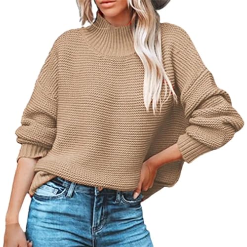 WUFANGBU Pullover Sweatshirts Damen Lässiges Stricken Tops Halb Hoher Kragen Langarm Gerippt Trimm Übergroße Pullover Streetwear XL Khaki von WUFANGBU