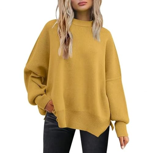 WUFANGBU Pullover Sweatshirts Damen Pullover Damen Batwing Sweater Gemütlicher Damen Pullover Weich Warmer Styli Scher Pullover Mit Geteilten Saum-Batwing-Ärmeln M Gelb von WUFANGBU