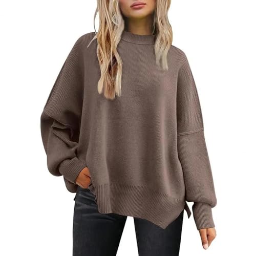 WUFANGBU Pullover Sweatshirts Damen Pullover Damen Batwing Sweater Gemütlicher Damen Pullover Weich Warmer Styli Scher Pullover Mit Geteilten Saum-Batwing-Ärmeln M-Kaffee von WUFANGBU