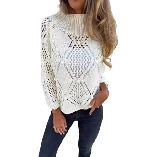 WUFANGBU Pullover Sweatshirts Damen Pullover Lang Ärmel Iger Hohler Jacquard-Dekor-Strick-Tops Einfarbig Lockerer Lässiger Pullover M Elfenbein von WUFANGBU