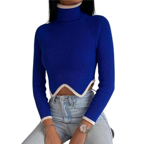 WUFANGBU Pullover Sweatshirts Damen-Pullover Mit Langen Ärmeln Gewellter Gerippter Geschnittter Damen Pullover Kontrast Farbe Schlank Roll Kragen Pullover S-Blau von WUFANGBU